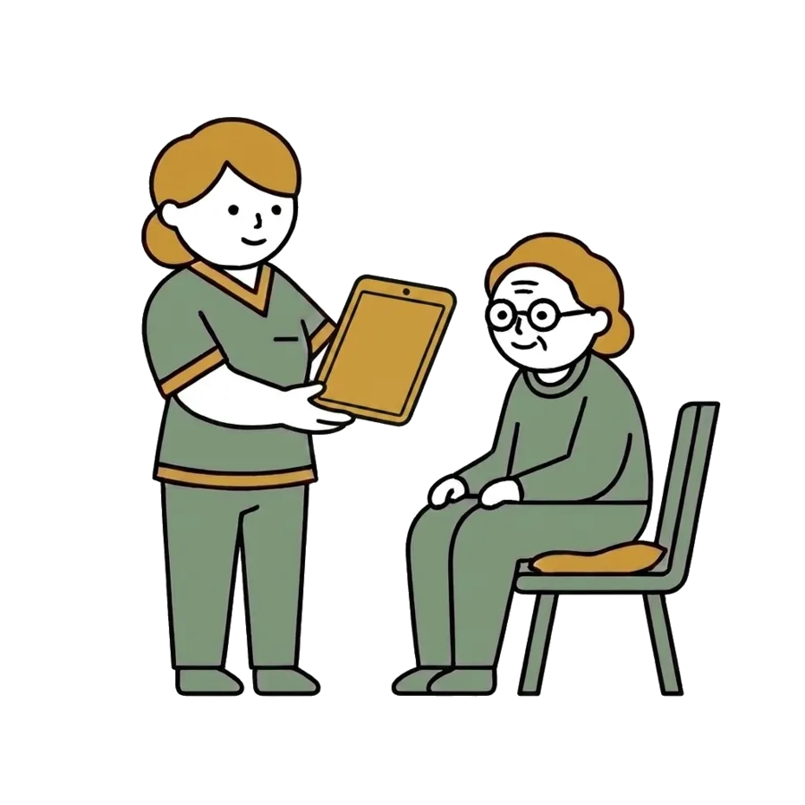 タブレット画面を見せながら利用者と面談するケアマネジャーのイラスト