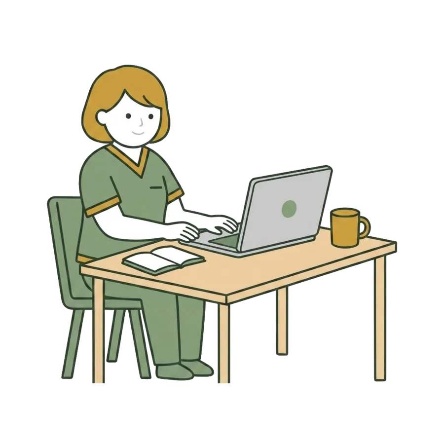 ノートパソコンに向かい、書類作業に追われるケアマネジャーのイラスト