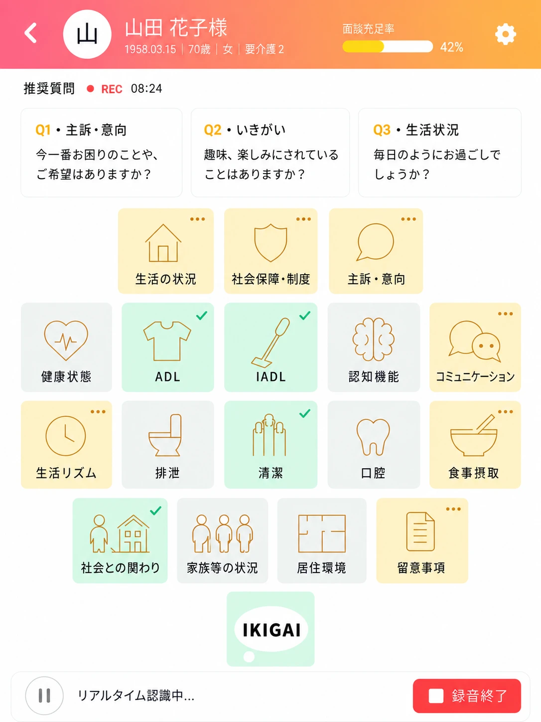 IKIGAI-Seedの面談画面。課題分析標準項目の一覧と、次に聞くとよい質問が表示されている